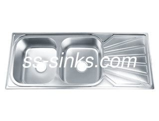 com drainboard polido de aço inoxidável Double Bowl Sink rede de lavatório de cozinha
