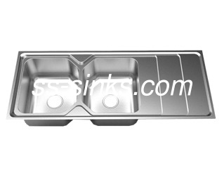 com drainboard polido de aço inoxidável Double Bowl Sink rede de lavatório de cozinha