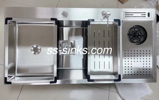 Funcional Handmade Double Sink sus304 com máquina de lavar copos com cesto de escoamento de tigela
