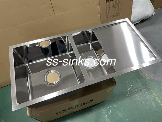 Estação de Trabalho de Taça Dupla Laveira de Cozinha de Fabricação Manual Polaca Com Drainboard