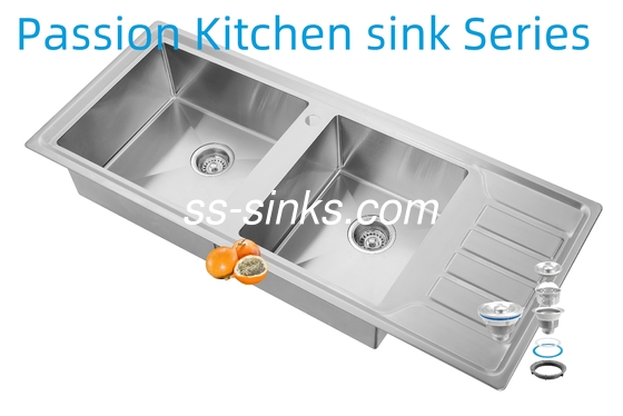 12050 Pia de Cozinha Feita à Mão em Aço Inoxidável com Cuba Dupla e Escorredor