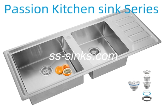 12050 Pia de Cozinha Feita à Mão em Aço Inoxidável com Cuba Dupla e Escorredor